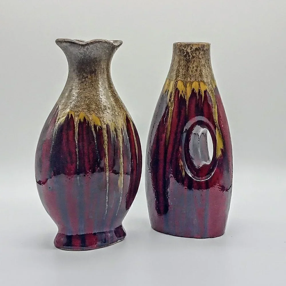 Set of 2 Red Gold Drip Glazed Pottery Vases